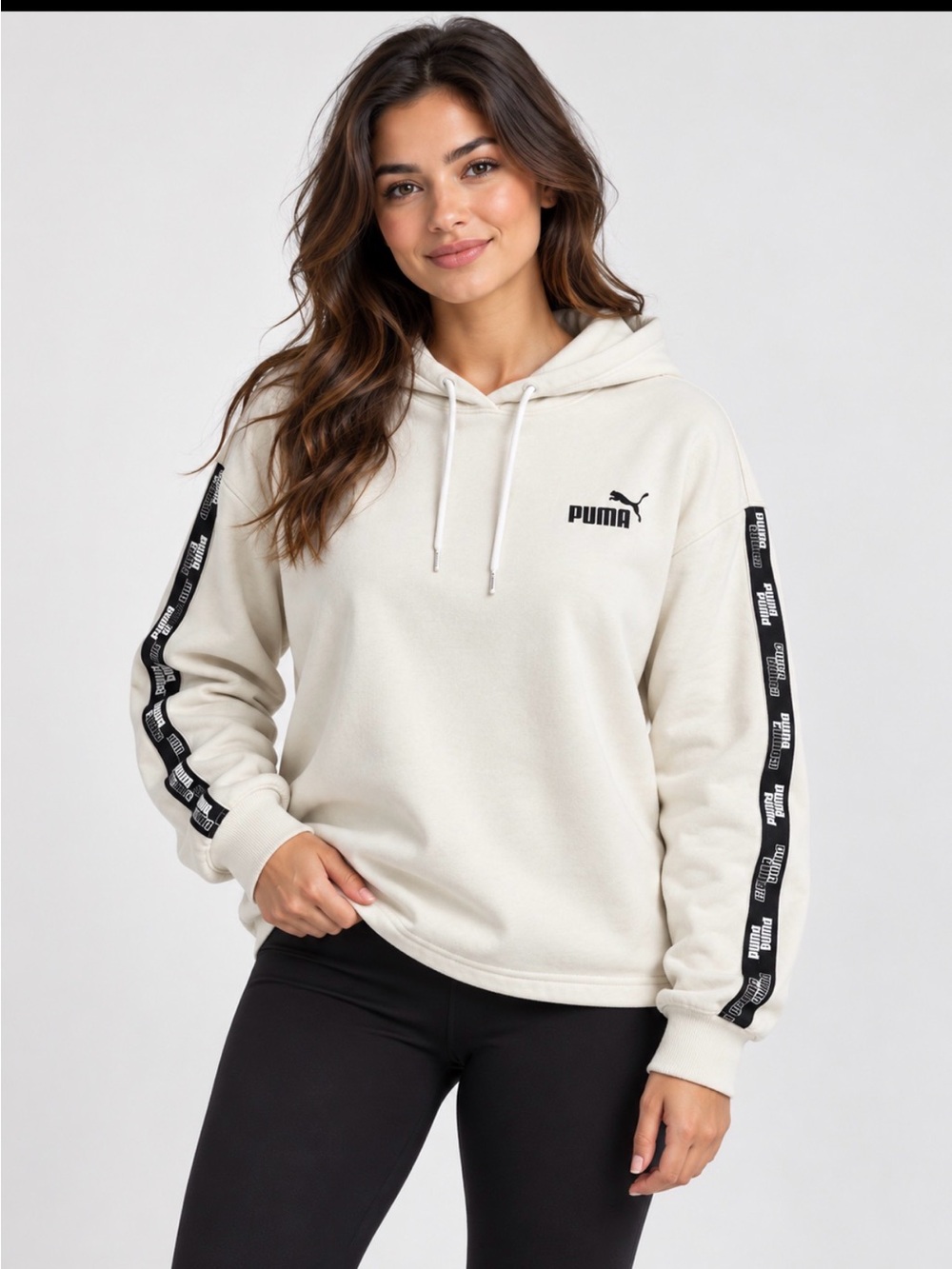 Puma Light Cream Cropped Hoodie with Black Logo Tape